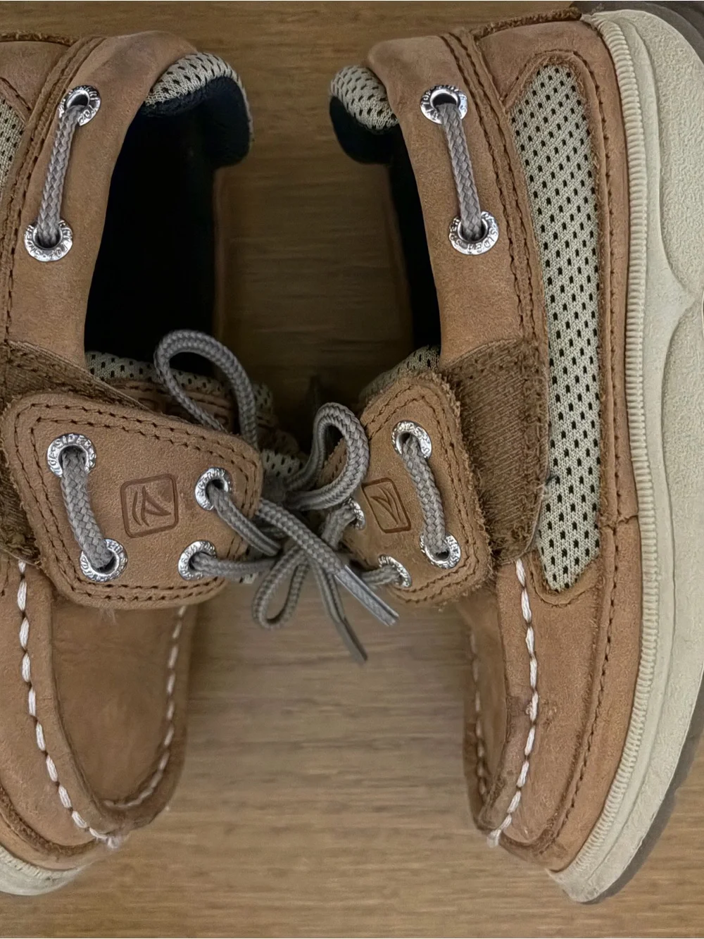 Sperry Toddler Tan Leather Moccasin Boat Shoes with Gray Laces